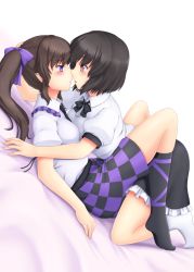 Rule 34 | 2girls, bed sheet, between thighs, black hair, black skirt, blush, bow, brown hair, checkered clothes, checkered skirt, dutch angle, face-to-face, frills, girl on top, hair bow, himekaidou hatate, imminent kiss, isaki (gomi), long hair, multiple girls, no headwear, no headwear, on bed, pointy ears, profile, puffy short sleeves, puffy sleeves, purple eyes, red eyes, shameimaru aya, shirt, short hair, short sleeves, skirt, thighs, touhou, twintails, white shirt, yuri