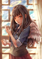 Rule 34 | 1girl, angel wings, black hair, black shirt, blunt bangs, brown eyes, cigarette, cloud, cloudy sky, collared jacket, commentary request, cowboy shot, cropped jacket, curtains, day, denim, denim jacket, eyebrows hidden by hair, haibane renmei, halo, hand up, highres, holding, holding cigarette, holding lighter, indoors, jacket, kodue55, lighter, lips, long hair, looking at viewer, pleated skirt, red skirt, reki (haibane), shirt, skirt, sky, smile, smoke, smoking, solo, standing, sunlight, window, wings