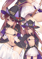 Rule 34 | adapted costume, animal ears, bad id, bad pixiv id, belt, bikini, breasts, broom, commentary request, gloves, hair rings, hat, highres, horse ears, horse girl, keyfanjun, looking at viewer, navel, purple eyes, shaded face, small breasts, sweep tosho (umamusume), swimsuit, twintails, umamusume, white background, witch hat