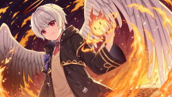 Rule 34 | 1boy, :d, black robe, collared shirt, commentary request, copyright request, feathered wings, fire, fireball, grey hair, hair between eyes, hair intakes, halo, hand up, hitsuki rei, hood, hood down, hooded robe, long sleeves, looking at viewer, male focus, necktie, open clothes, open mouth, open robe, red eyes, red necktie, robe, shirt, smile, solo, sweater vest, virtual youtuber, white shirt, white wings, wide sleeves, wings, | |