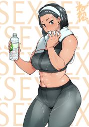 Rule 34 | 1girl, abs, text background, black hair, blue eyes, blush, bottle, commentary request, cowboy shot, hairband, holding, holding bottle, leggings, looking at viewer, midriff, navel, neone, original, solo, sports bra, sweat, toned, towel, towel around neck, water bottle, wet, wet clothes