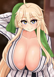 Rule 34 | 1girl, absurdres, ahoge, arm behind head, arm up, blonde hair, blue eyes, blurry, blurry background, breasts, cleavage, closed mouth, collarbone, commentary, hair between eyes, highres, huge breasts, iowa (kancolle), japanese clothes, kantai collection, kimono, long hair, long sleeves, looking at viewer, no bra, open clothes, open kimono, smile, solo, star-shaped pupils, star (symbol), steaming body, symbol-shaped pupils, the only shoe, towel, upper body, yukata