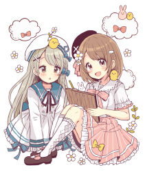 Rule 34 | 2girls, :d, :o, absurdres, animal, animal on shoulder, argyle, argyle clothes, argyle legwear, beret, bird, black footwear, black hat, black ribbon, blue bow, blush, bow, bowtie, braid, brown eyes, brown hair, buttons, chick, chick on head, clipboard, cloud, double-breasted, dress, flower, frilled legwear, frilled skirt, frills, grey hair, hair bow, hair ornament, hairclip, hat, hat flower, highres, kneehighs, knees up, long hair, long sleeves, looking at viewer, mary janes, multiple girls, neck ribbon, open mouth, original, pink neckwear, pink skirt, rabbit, red bow, ribbon, sailor dress, sakura oriko, shirt, shoes, short hair, short sleeves, side braid, sitting, skirt, smile, socks, striped bow, striped bowtie, striped clothes, white background, white flower, white hat, white legwear, white shirt, writing, x hair ornament, yellow bow