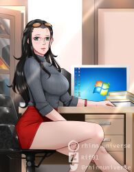 Rule 34 | 1girl, absurdres, alternate costume, artist name, black hair, blue eyes, blush, book, closed mouth, commentary, computer, desk, english commentary, eyewear on head, formal, highres, laptop, long hair, looking at viewer, nico robin, office, office lady, on desk, one piece, rif91, sitting, smile, solo, watermark, web address, windows 7