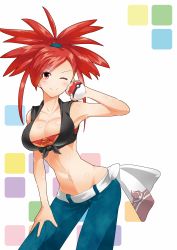 Rule 34 | 10s, 1girl, absurdres, armpits, blush, breasts, cleavage, creatures (company), denim, domoipetti, domoshipette, female focus, flannery (pokemon), game freak, gym leader, highres, jeans, large breasts, midriff, navel, nintendo, one eye closed, pants, poke ball, poke ball (basic), pokemon, pokemon oras, red eyes, red hair, smile, solo, wink