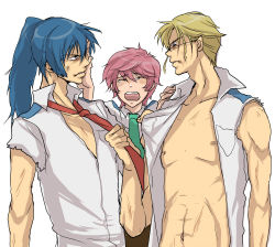 Rule 34 | 00s, 3boys, :d, ^ ^, bad id, bad pixiv id, blonde hair, blue hair, closed eyes, collarbone, ebi (pixiv66713), long hair, luca angeloni, macross, macross frontier, male focus, mikhail buran, multiple boys, necktie, nipples, open mouth, pink hair, red necktie, saotome alto, shirt, short twintails, simple background, smile, twintails, white background, white shirt