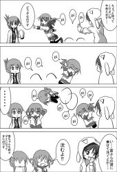 Rule 34 | ..., 10s, 4koma, adapted costume, alternate costume, animal hood, arms up, asymmetrical clothes, asymmetrical sleeves, blowing whistle, blush, blush stickers, chibi, closed mouth, coat, collarbone, comic, commentary, eyebrows, closed eyes, fang, folded ponytail, frown, greyscale, hair ornament, hairpin, hand to own mouth, hood, hood up, hoodie, ikazuchi (kancolle), inazuma (kancolle), kantai collection, lightning bolt symbol, long hair, long sleeves, looking at another, looking away, meitoro, monochrome, motion lines, mouth hold, nanodesu (phrase), neckerchief, no eyes, o o, open mouth, outstretched arms, pleated skirt, rabbit hood, school uniform, serafuku, shirayuki (kancolle), short hair, skirt, sleeves past wrists, smile, somersault, speech bubble, spoken ellipsis, sweatdrop, text focus, thighhighs, translation request, uneven sleeves, whistle