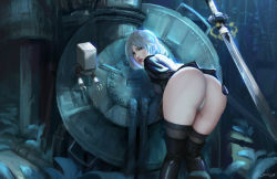 Rule 34 | 1girl, absurdres, artist name, ass, black dress, black thighhighs, blue eyes, boots, breasts, dress, embarrassed, highres, knees together feet apart, looking at viewer, md5 mismatch, medium breasts, nier:automata, nier (series), panties, parted lips, pink lips, pod (nier:automata), resolution mismatch, self-upload, source smaller, sword, thigh boots, thighhighs, underwear, weapon, weiyou xie, white hair, white panties, 2b (nier:automata)