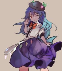 Rule 34 | 1girl, ;), absurdres, black hat, blue hair, blue skirt, bow, bowtie, food, fruit, grey background, hat, highres, hinanawi tenshi, leaf, long hair, looking at viewer, mikomo0106, one eye closed, peach, puffy short sleeves, puffy sleeves, red bow, red eyes, shirt, short sleeves, simple background, skirt, smile, solo, touhou