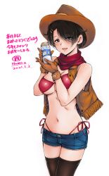Rule 34 | 1girl, 2021, akeome, artist name, bare shoulders, bikini, bikini under clothes, black eyes, black hair, black thighhighs, blue shorts, bottle, breasts, brown gloves, brown hat, brown vest, commentary, cowboy hat, cowboy shot, cutoffs, dated, denim, denim shorts, english text, eye visible through hair, eyes visible through hair, fringe trim, gloves, hair ornament, hair over one eye, hairclip, hamao, happy new year, hat, highleg, highleg bikini, holding, holding bottle, kotoyoro, looking at viewer, medium breasts, midriff, milk bottle, navel, new year, open clothes, open vest, original, red bikini, red neckwear, red scarf, revealing clothes, scarf, short hair, short shorts, shorts, side-tie bikini bottom, signature, simple background, solo, standing, string bikini, swimsuit, thighhighs, translated, underboob, vest, whale tail (clothing), white background