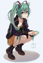 Rule 34 | 1girl, absurdres, aqua hair, black footwear, black jacket, blue eyes, boots, breasts, clothes around waist, collarbone, commentary request, cross-laced footwear, dethmaid, gold bra, hair between eyes, hatsune miku, highres, jacket, long hair, looking at viewer, open clothes, open jacket, playing with own hair, shirt, shirt around waist, simple background, small breasts, solo, squatting, twintails, very long hair, vocaloid, white background