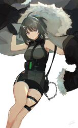 Rule 34 | 1girl, ahoge, arknights, bare shoulders, black jacket, black shorts, blue eyes, breasts, closed mouth, commentary request, feet out of frame, fur-trimmed jacket, fur-trimmed sleeves, fur trim, grey hair, hair ornament, hairclip, highres, jacket, k-yosinori, la pluma (arknights), looking at viewer, medium breasts, multicolored hair, short shorts, shorts, simple background, solo, streaked hair, unworn jacket, white background, white hair