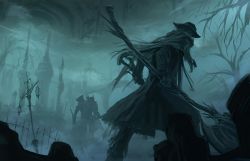 Rule 34 | axe, bloodborne, cloak, coat, father gascoigne, hat, highres, holding, holding axe, holding weapon, hunting, scarf, weapon