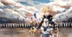 Rule 34 | 1boy, absurdres, armor, army, arthur pendragon (fate), bad id, bad pixiv id, battle, blonde hair, blue eyes, cloud, cloudy sky, excalibur (fate/prototype), fate/prototype, fate (series), flag, frown, highres, magicians (zhkahogigzkh), male focus, serious, shield, signature, sky, soldier, solo, sword, weapon
