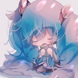 Rule 34 | 1girl, bare shoulders, black skirt, black sleeves, blue hair, blush stickers, chibi, commentary, cup, detached sleeves, closed eyes, fuyuzuki gato, green tea, grey shirt, hair ornament, hatsune miku, highres, holding, holding cup, long hair, open mouth, shirt, sitting, skirt, solo, tea, teacup, twintails, very long hair, vocaloid
