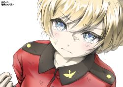 Rule 34 | 10s, 1girl, absurdres, artist request, blonde hair, blue eyes, blush, clenched hand, crying, darjeeling (girls und panzer), dated, girls und panzer, highres, looking at viewer, solo, st gloriana&#039;s military uniform, wavy mouth, white background