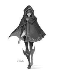 Rule 34 | 1girl, absurdres, alternate costume, boots, cape, closed mouth, commentary, den (denwhat), english commentary, english text, full body, grey background, greyscale, highres, hood, hood up, knee boots, league of legends, legends of runeterra, long sleeves, lux (league of legends), monochrome, pants, robe, sideways glance, simple background, skirt, solo, standing