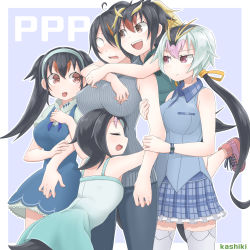 Rule 34 | 10s, 5girls, alternate costume, bad id, bad pixiv id, black hair, blonde hair, blush, casual, collared vest, commentary, dress, emperor penguin (kemono friends), everyone, closed eyes, frilled skirt, frills, gentoo penguin (kemono friends), group hug, hair over one eye, hair tie, hanging on arm, headphones, hug, hug from behind, humboldt penguin (kemono friends), kemono friends, kurosawa (kurosawakyo), long hair, multicolored hair, multiple girls, nose blush, pants, penguin tail, penguins performance project (kemono friends), pink hair, plaid, plaid skirt, pleated skirt, red hair, rockhopper penguin (kemono friends), royal penguin (kemono friends), short hair, short sleeves, skirt, tail, tank top, thighhighs, twintails, vest, watch, white hair, zettai ryouiki
