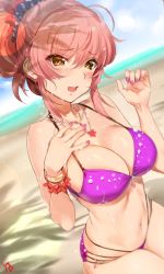 Rule 34 | 10s, 1girl, beach, bikini, blush, bracelet, breasts, brown eyes, cleavage, commentary request, day, eyelashes, fang, flower bracelet, hand on own chest, highres, idolmaster, idolmaster cinderella girls, jewelry, jougasaki mika, kneeling, large breasts, long hair, looking at viewer, multi-strapped bikini bottom, nail polish, navel, necklace, open mouth, outdoors, pendant, pink hair, pink nails, polka dot, ponytail, purple bikini, scrunchie, shade, sidelocks, signature, solo, striped clothes, striped scrunchie, swimsuit, wet, yd (orange maru), yellow eyes