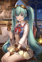 Rule 34 | 1girl, :d, aqua hair, bad id, bad pixiv id, belt, blue eyes, brown gloves, building, gloves, goggles, goggles on head, hatsune miku, indoors, long hair, looking at viewer, matching hair/eyes, midriff, model ship, navel, night, night sky, open mouth, plant, skirt, sky, smile, solo, star (sky), stella chen yui, teeth, twintails, very long hair, vocaloid, window