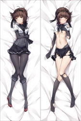 Rule 34 | 10s, 1girl, :o, bakugadou, bed sheet, black hair, black pantyhose, black skirt, blush, bodysuit, boots, breasts, closed mouth, clothes lift, corset, crotch seam, dakimakura (medium), eyebrows, full body, gloves, grey footwear, hair flaps, hairband, hand on own arm, hand on own chest, hatsuzuki (kancolle), kantai collection, knee boots, knees together feet apart, light smile, looking at viewer, lying, medium breasts, miniskirt, multiple views, navel, neckerchief, no bra, no shoes, on back, panties, panties under pantyhose, pantyhose, pleated skirt, school uniform, serafuku, shirt, short hair, short sleeves, skirt, skirt lift, small breasts, smile, stomach, torn bodysuit, torn clothes, torn gloves, torn legwear, torn shirt, torn skirt, underboob, underwear, yellow eyes
