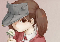 Rule 34 | 10s, 1girl, bad id, bad pixiv id, brown eyes, brown hair, expressionless, flower, holding, holding flower, japanese clothes, kantai collection, kariginu, looking at viewer, magatama, nemubusoku, one eye covered, portrait, ryuujou (kancolle), smelling flower, solo, twintails, visor cap