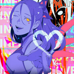 Rule 34 | 1girl, breasts, cyberpunk (series), drawn heart, from side, heart, heart-shaped pupils, koyorin, large breasts, long hair, looking at viewer, one eye closed, open mouth, ponytail, solo, symbol-shaped pupils, upper body, yellow eyes