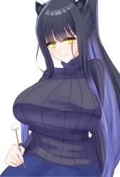 Rule 34 | 1girl, :d, alternate costume, animal ear fluff, animal ears, black hair, blue archive, breasts, cleavage, high ponytail, highres, large breasts, long hair, long sleeves, looking at viewer, open mouth, pants, ribbed sweater, shirt, shun (blue archive), smile, solo, soyu some, sweater, turtleneck, upper body, white background