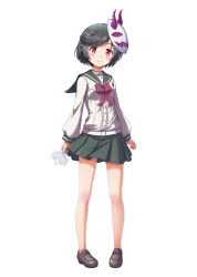 Rule 34 | 1girl, absurdres, bare legs, bell, black hair, bow, gal gun, gal gun double peace, game cg, hair ornament, hairclip, highres, holding, kamizono maya, loafers, long sleeves, mask, mask on head, neck ribbon, no socks, official art, origami, pigeon-toed, pleated skirt, red eyes, ribbon, shoes, short hair, skirt, smile, solo, swept bangs, thighhighs, white background
