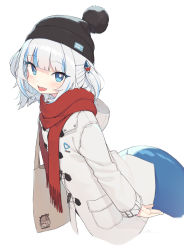 Rule 34 | 1girl, absurdres, alternate costume, bag, beanie, black hat, blue eyes, blue hair, cloba, clothes writing, coat, fins, fish tail, gawr gura, hair ornament, hat, highres, hololive, hololive english, hood, hood down, hooded coat, long sleeves, multicolored hair, open mouth, pom pom (clothes), red scarf, scarf, shark hair ornament, shark tail, sharp teeth, shoulder bag, silver hair, simple background, solo, tail, teeth, two side up, virtual youtuber, white background