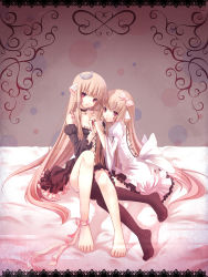 Rule 34 | 00s, 2girls, absurdres, animal ears, bad feet, barefoot, bed, black legwear, blonde hair, bow, breasts, chii, chobits, choker, colorized, dress, feet, freya, freya (chobits), frilled dress, frills, hair bow, highres, holding hands, leg ribbon, legs, long hair, multiple girls, nana mikoto, pantyhose, red eyes, ribbon, small breasts, thighhighs, tiara, toes, twintails, very long hair