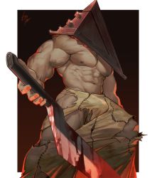 Rule 34 | 1boy, abs, axe, bara, bare pectorals, blood, bloody weapon, bulge, clothing cutout, dark-skinned male, dark skin, erection, erection under clothes, feet out of frame, gomtang, helmet, hip vent, holding, holding axe, large pectorals, male focus, monster boy, muscular, muscular male, navel, nipples, pants, pectorals, pyramid head, silent hill (series), silent hill 2, solo, stomach, thick thighs, thigh cutout, thighs, torn clothes, torn pants, veins, weapon, yellow pants