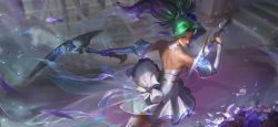 Rule 34 | 1girl, absurdres, akali, bare shoulders, blue flower, bow, crystal rose akali, dress, elbow gloves, flower, frilled dress, frills, from side, gem, gloves, green hair, grey dress, highres, holding, holding scythe, holding weapon, league of legends, long hair, multicolored hair, official art, petals, ponytail, purple hair, scythe, second-party source, shiny clothes, strapless, strapless dress, weapon, white bow, white flower