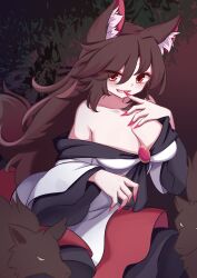 Rule 34 | 1girl, absurdres, animal ears, bamboo, bamboo forest, blush, breasts, brooch, brown hair, cleavage, collarbone, dior-zi, dress, fang, fingernails, forest, highres, imaizumi kagerou, jewelry, large breasts, long fingernails, long hair, long sleeves, looking at viewer, nature, off-shoulder dress, off shoulder, open mouth, outdoors, red eyes, skirt, smile, solo, tail, touhou, white dress, wide sleeves, wolf, wolf ears, wolf girl, wolf tail