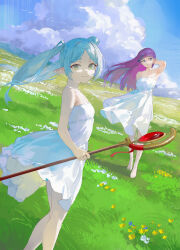 Rule 34 | 2girls, absurdres, adjusting hair, aqua hair, bare legs, barefoot, blue flower, blue sky, blunt bangs, breasts, closed mouth, cloud, darr1o, dress, elf, feet out of frame, fern (sousou no frieren), floating clothes, floating hair, flower, frieren, full body, grasslands, green eyes, heel up, highres, holding, holding staff, large breasts, legs, long hair, looking at viewer, looking to the side, multiple girls, outdoors, parted bangs, pointy ears, purple eyes, purple hair, sky, sleeveless, sleeveless dress, small breasts, smile, sousou no frieren, spaghetti strap, staff, straight hair, sundress, thick eyebrows, toes, twintails, white dress, white flower, white hair, wind, yellow flower