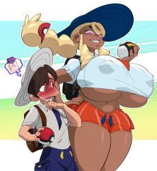 Rule 34 | 1boy, 1girl, absurdres, age difference, aged up, blonde hair, blush, bottle, braid, breasts, brown hair, collared shirt, covered erect nipples, creatures (company), curvy, dark-skinned female, dark skin, florian (pokemon), game freak, gigantic breasts, glowing, glowing eyes, hand on own hip, hat, height difference, highres, hug, hug from behind, huge breasts, juliana (pokemon), long hair, milk bottle, moomoo milk, necktie, nervous, nintendo, orange necktie, orange shorts, pink eyes, poke ball, poke ball (basic), pokemon, pokemon sv, shirt, short shorts, shorts, single braid, size difference, slb, surprised, sweat, thick thighs, thighs, twintails, ultra ball, underboob, white shirt, wide hips