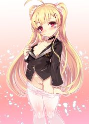 Rule 34 | 1girl, absurdres, ahoge, azur lane, bare shoulders, black choker, black jacket, blonde hair, blush, breasts, brown background, choker, cleft of venus, closed mouth, clothes pull, collarbone, cowboy shot, eldridge (azur lane), eldridge (the inquisitive recluse) (azur lane), facial mark, fingernails, gradient background, groin, hair ornament, hairclip, harigane shinshi, head tilt, highres, jacket, long hair, long sleeves, looking at viewer, nipples, no pants, no shoes, off shoulder, pantyhose, pantyhose pull, petals, pulled by self, pussy, red eyes, small breasts, solo, two side up, uncensored, very long hair, white background, white pantyhose