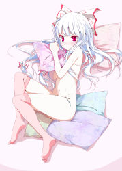 Rule 34 | 1girl, bad id, bad pixiv id, blush, bow, feet, female focus, flat chest, frown, fujiwara no mokou, hair bow, highres, kneehighs, long hair, lying, nude, on side, oouso, pillow, pink eyes, red eyes, ribbon, socks, solo, thighhighs, touhou, white hair