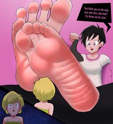 Rule 34 | barefoot, dragonball z, foot focus, happy, highres, leaning forward, moaning, sitting, smile, spread legs, videl