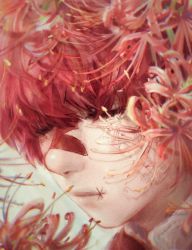 Rule 34 | 1boy, bandaid, bandaid on face, bandaid on nose, close-up, closed eyes, commentary, flower, fukase, highres, male focus, misu (stepforme), portrait, realistic, red hair, scar, scar on face, scar on mouth, spider lily, vocaloid