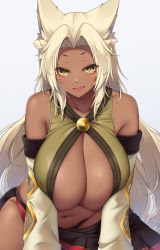 Rule 34 | 1girl, :d, animal ear fluff, animal ears, bare shoulders, black skirt, blonde hair, breasts squeezed together, breasts, commentary, commission, dark-skinned female, dark skin, detached sleeves, facial mark, highres, huge breasts, long hair, long sleeves, looking at viewer, navel, open mouth, original, pleated skirt, sanpaku, simple background, skeb commission, skirt, smile, solo, suruga (xsurugax), very long hair, whisker markings, white background, yellow eyes