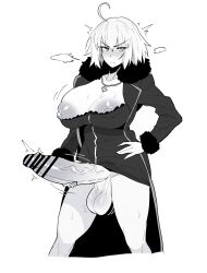Rule 34 | 1futa, absurdres, ahoge, bar censor, blush, breasts, censored, closed mouth, coat, cropped legs, dress, erection, fate/grand order, fate (series), fur-trimmed coat, fur-trimmed sleeves, fur trim, futanari, futanari masturbation, greyscale, hand on own hip, highres, huge breasts, huge penis, jeanne d&#039;arc alter (fate), jeanne d&#039;arc alter (ver. shinjuku 1999) (fate), jewelry, long sleeves, looking at viewer, masturbation, mochiume9, monochrome, nipple slip, nipples, open clothes, open coat, pendant, penis, short hair, solo, testicles, veins, veiny penis