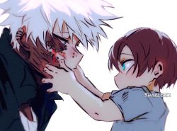 Rule 34 | 2boys, aged down, artist name, blue eyes, boku no hero academia, brothers, burn scar, cheek piercing, child, commentary, dabi (boku no hero academia), english commentary, looking at another, male focus, multicolored hair, multiple boys, multiple scars, piercing, profile, red hair, scar, scar on face, scar on neck, sharl0ck, siblings, simple background, split-color hair, spoilers, staple, stapled, todoroki shouto, todoroki touya, two-tone hair, white background, white hair