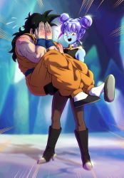 Rule 34 | 1boy, 1girl, absurdres, bare shoulders, black hair, blue hair, blue skin, blush, character request, chinese clothes, colored skin, commentary, couple, covering face, covering privates, double bun, dragon ball, dragon ball super, dragonball z, embarrassed, english commentary, full body, hair bun, hetero, high heels, highres, lifting another&#039;s clothes, looking at viewer, muscular, open mouth, pea-bean, red eyes, socks, speed lines, teeth, uniform, upper teeth only, vidro (dragon ball), wristband, yamcha