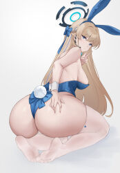 Rule 34 | 1girl, absurdres, animal ears, ass, blue archive, blue eyes, blue hair, blue leotard, bow, breasts, earpiece, fake animal ears, halo, highres, huge ass, legs, leotard, long hair, looking at viewer, looking back, medium breasts, multicolored hair, official alternate costume, piuta, playboy bunny, rabbit ears, soles, solo, strapless, strapless leotard, streaked hair, thick thighs, thighhighs, thighs, toki (blue archive), toki (bunny) (blue archive), v, very long hair, white thighhighs, white wrist cuffs, wrist cuffs