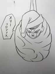 Rule 34 | 1boy, christmas, dragon ball, frieza, frown, greyscale, hat, highres, looking at viewer, male focus, monochrome, santa hat, serious, solo, speech bubble, translated