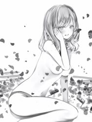 Rule 34 | 1girl, absurdres, ass, blush, breasts, character request, clenched teeth, copyright request, greyscale, hair between eyes, hand on own cheek, hand on own face, highres, long hair, looking at viewer, medium breasts, monochrome, nanashi (nlo), navel, panties, petals, sitting, solo, teeth, topless, underwear, underwear only