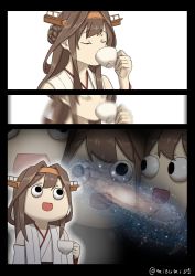 Rule 34 | 1girl, ahoge, brown hair, commentary request, cup, detached sleeves, double bun, drink, drinking, hair bun, hairband, headgear, highres, japanese clothes, kantai collection, kongou (kancolle), long hair, meme, misumi (niku-kyu), nontraditional miko, one-hour drawing challenge, open mouth, ribbon-trimmed sleeves, ribbon trim, space cat (meme), staring, tea, teacup, wide-eyed