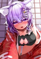 Rule 34 | 1girl, ahoge, animal ear fluff, animal ears, black bra, black panties, blush, bra, breasts, cat cutout, cat ears, cat girl, cat lingerie, cleavage, cleavage cutout, clothing cutout, fangs, frilled bra, frills, hair ornament, half-closed eyes, head tilt, heart, heart-shaped pupils, highres, hololive, japanese clothes, kajimakoto, kimono, large breasts, looking at viewer, meme attire, nekomata okayu, open clothes, open kimono, open mouth, outstretched arm, panties, purple eyes, purple hair, red kimono, short hair, solo, symbol-shaped pupils, underwear, undressing, virtual youtuber