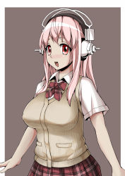 Rule 34 | 1girl, bai linqin, blush, breasts, cardigan vest, headphones, highres, large breasts, long hair, nitroplus, open mouth, pink hair, plaid, plaid skirt, red eyes, skirt, smile, solo, super sonico